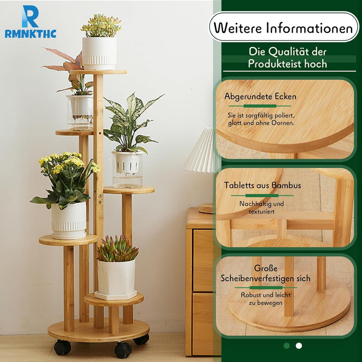 Bambus Blumenregal mit Rollen | 5-stufig 20kg Traglast | Naturmaterial wasserfest | Einfache Montage
