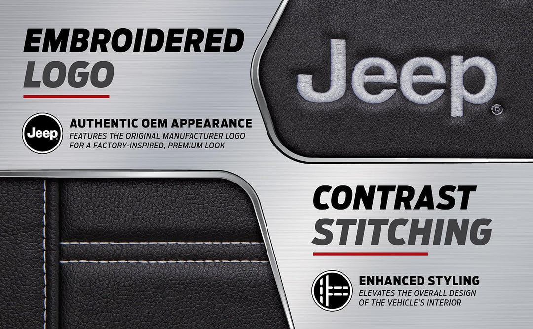 Plasticolor 008631R01 Black Jeep Logo Sitzbezug mit gestickter Kontrastnaht 3-teilig Seitenloser Sty