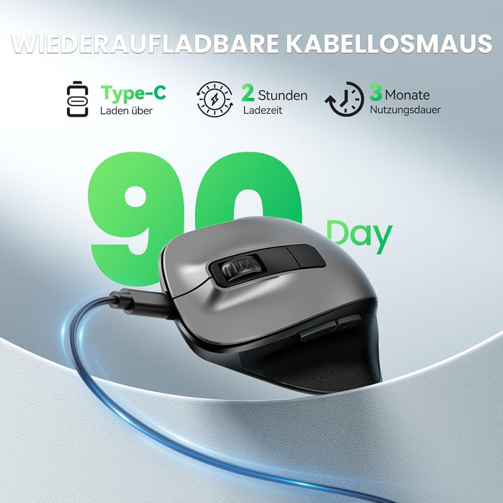 TECKNET Maus Kabellos, Bluetooth Maus Aufladbar mit 3 Gerät (2*Bluetooth+USB), 4800DPI, 6 Tasten, Si