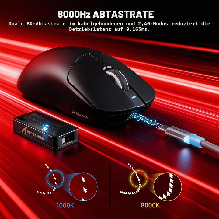 ATTACK SHARK X8 Serie Kabellose Gaming-Maus, 55–65 g Superleicht, PixArt PAW3395/3950 Sensor, BT/2.4