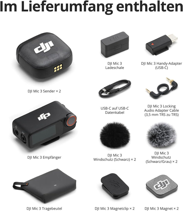 DJI Mic 3 (2 Sender + 1 Empfänger + Ladeschale), Funkmikrofon für iPhone/Kamera/Android, Ultraleicht
