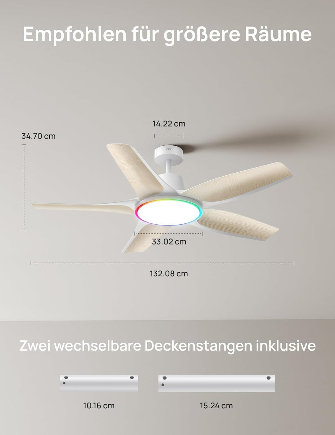 DREO Smarter Low-Profile-Deckenventilator mit Licht, 132 cm, dimmbare LED mit einstellbarer Farbtemp
