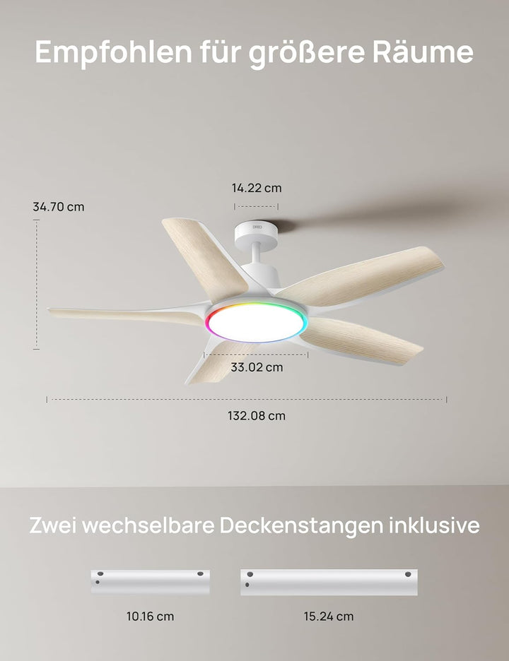 DREO Smarter Low-Profile-Deckenventilator mit Licht, 132 cm, dimmbare LED mit einstellbarer Farbtemp