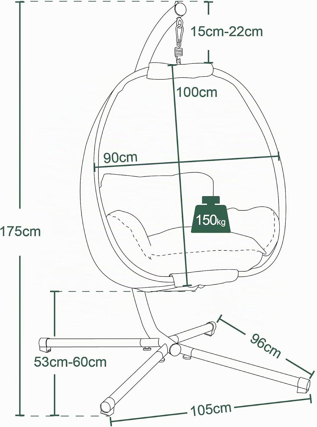 MCombo Hängesessel Hängestuhl Schaukel Korb inkl. Gestell Hängekorb Kissen 8072 Grau