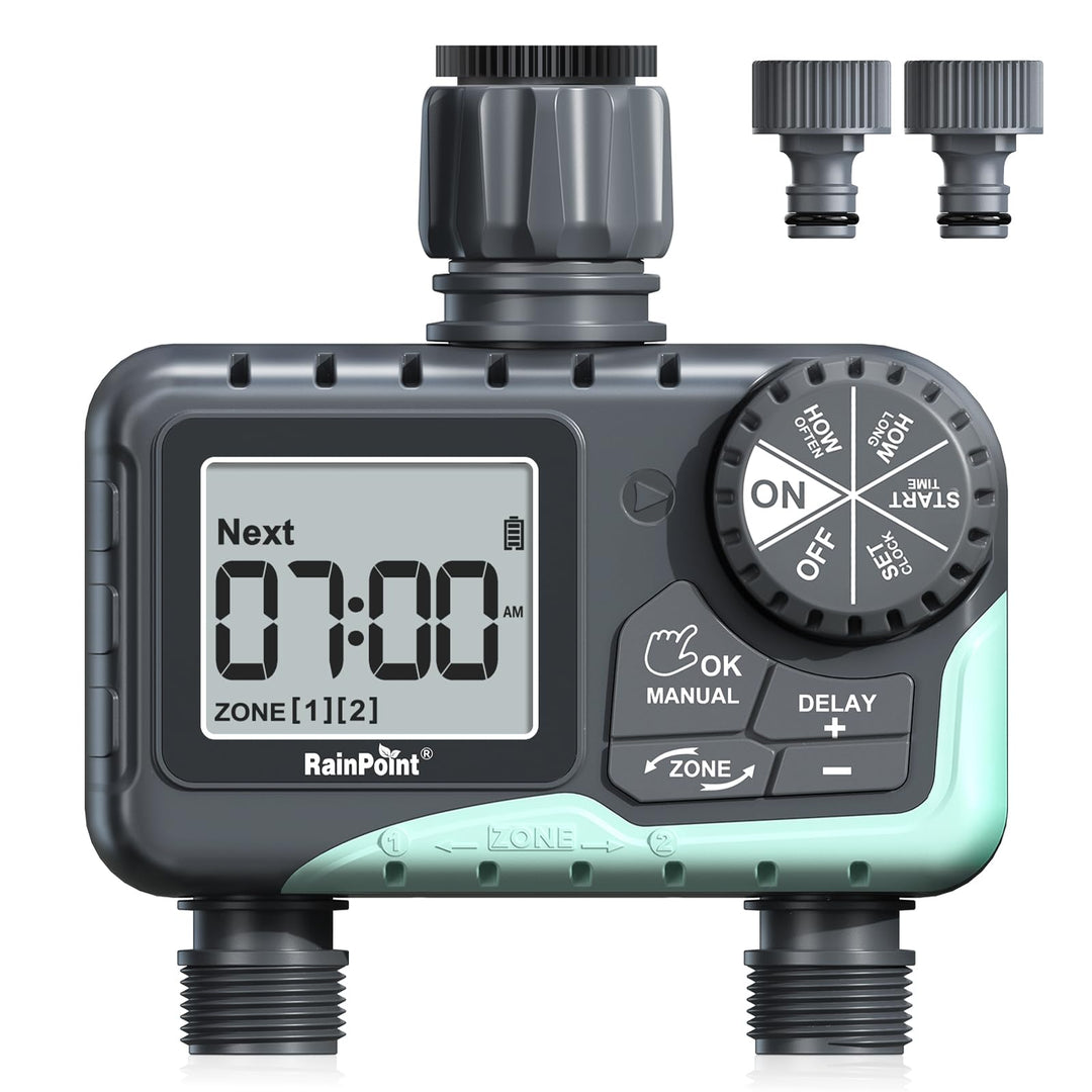 RAINPOINT Bewässerungscomputer 2 Ausgänge, IP65 Wasserdicht Wasser Zeitschaltuhr mit Regenverzögerun