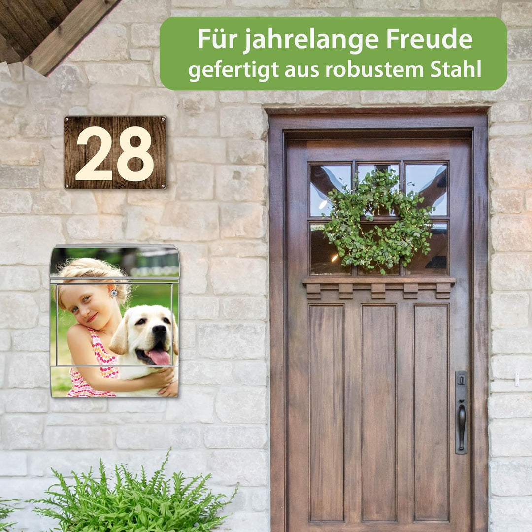 banjado® Design Briefkasten mit eigenem Motiv 39x47x14cm & 2 Schlüssel - Briefkasten Stahl Silber mi