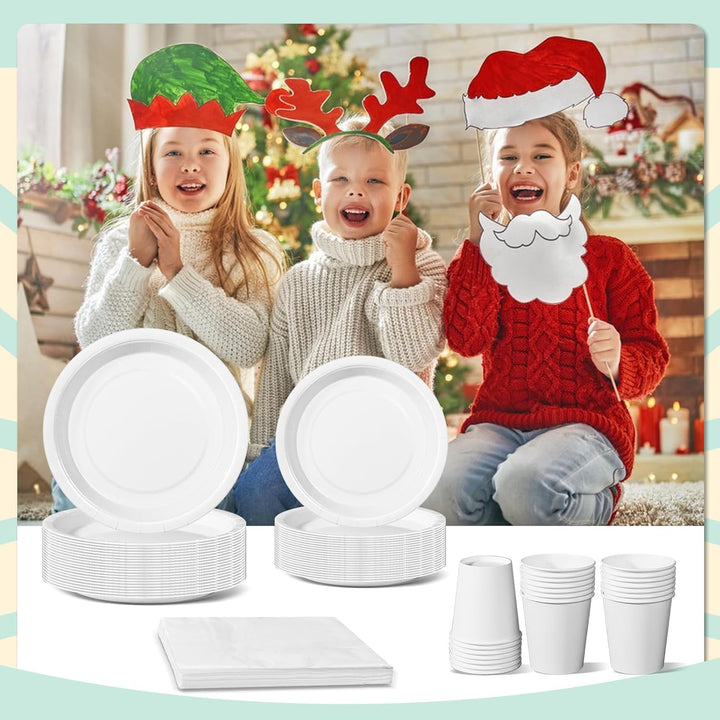 Nkaiso Weiss Partygeschirr, 96 Stück Bunt Pappteller, Party Pappteller Becher Servietten Partyteller