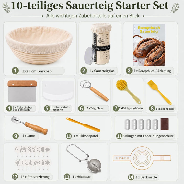 10-teilig Sauerteig Starter Set, geeignet für Anfänger und erfahrene Bäcker | Brot Gärkorb, Rattan R