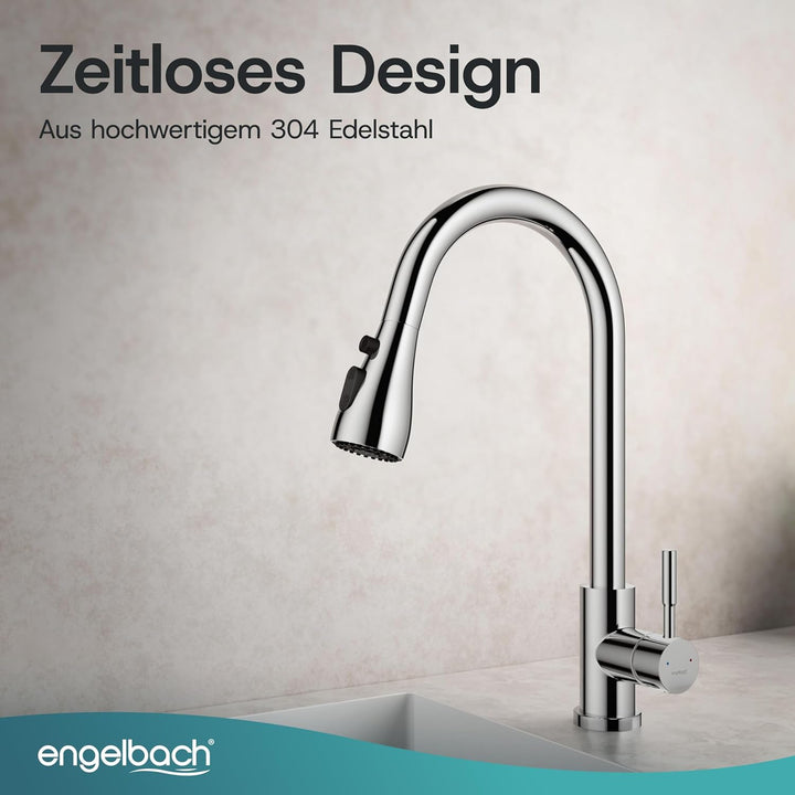 Engelbach® Wasserhahn Küche - ausziehbar & 360 Grad schwenkbar für maximale Reichweite - 304 Edelsta