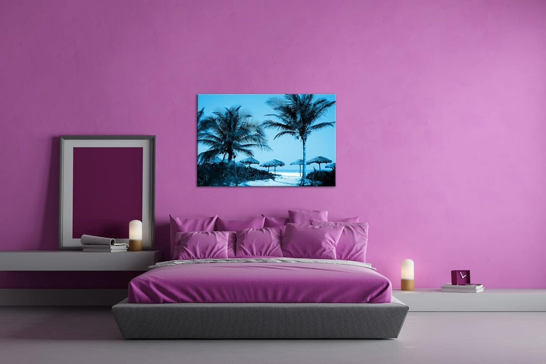 deyoli exotischer Palmenstrand Format: 60x40 Effekt: Monocrome Blau als Leinwand, Motiv fertig gerah