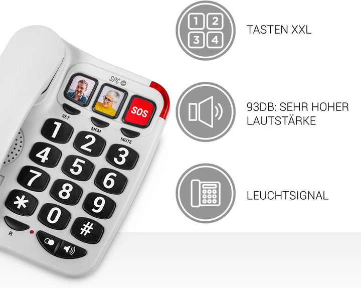 SPC Comfort Numbers 2 – Festnetztelefon für Senioren mit grossen Tasten, 3 Direktspeichern mit Foto,