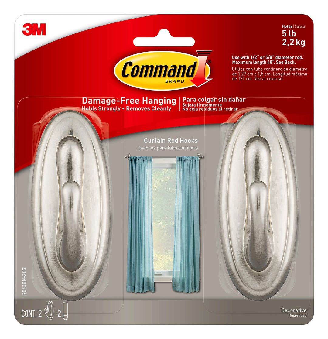 Command 17053BN-2ES Curtain Rod Hooks, Brushed Nickel, 2 Holds 5 Lbs (2 Pack) Gebürstetes Nickel, Ho