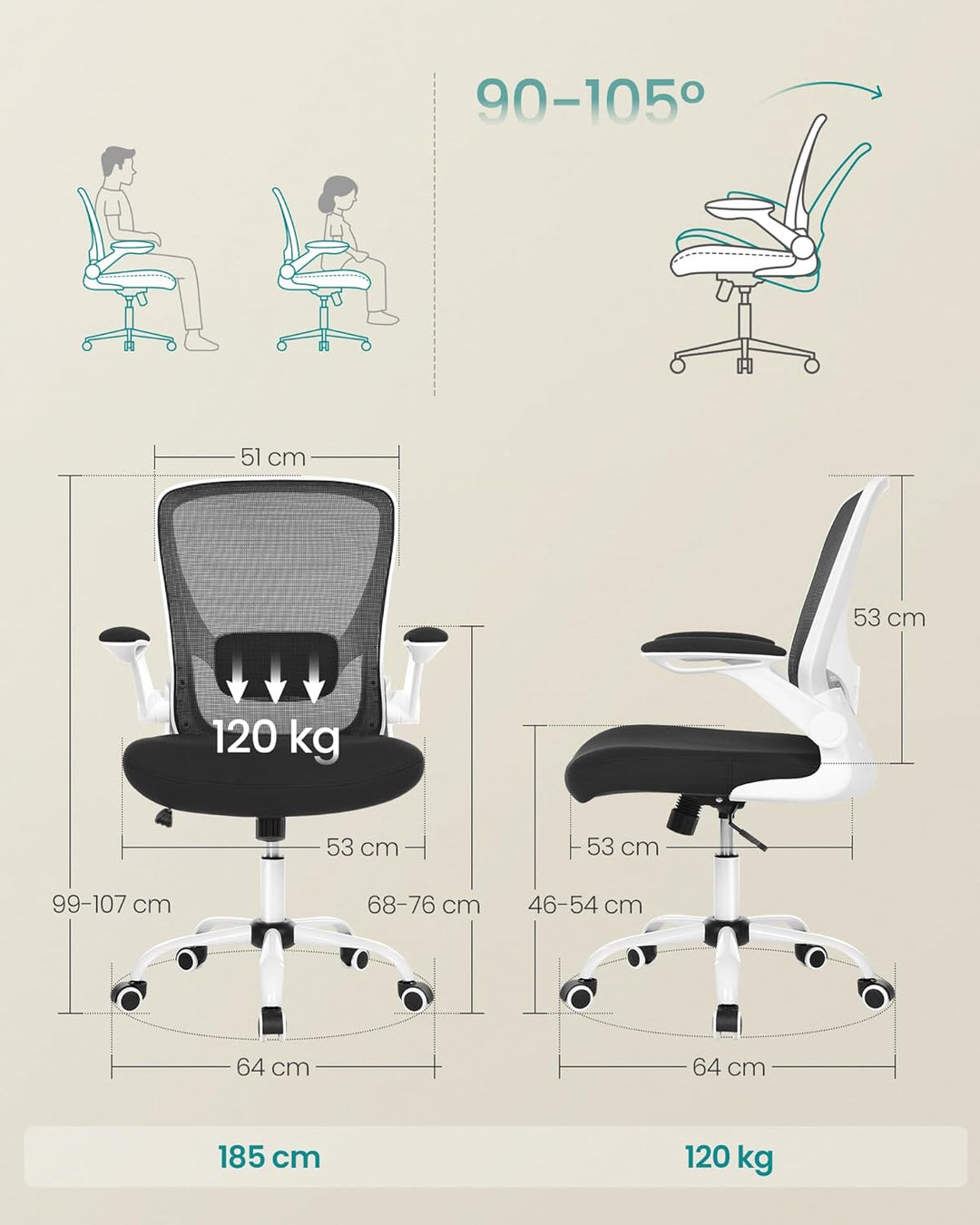 SONGMICS Bürostuhl ergonomisch, Schreibtischstuhl klappbare armlehne, 360° Drehstuhl, verstellbare L