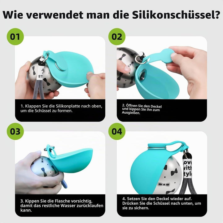 Trinkflasche Hunde für Unterwegs, 285 ml Edelstahl Hunde Trinkflasche mit Faltbarem Silikonnapf, Aus