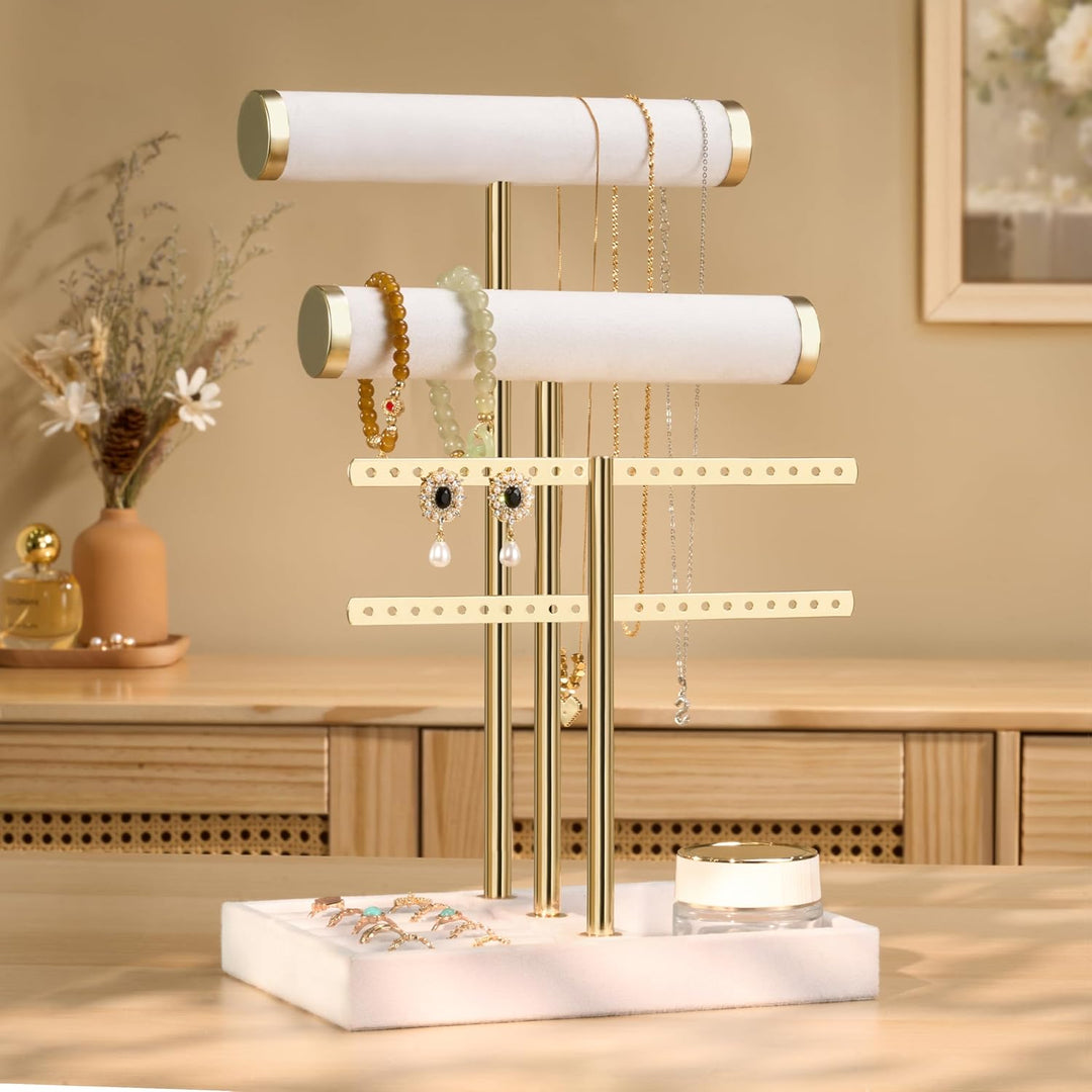 Schmuck Organizer mit 3 Ebenen - Weiss Schmuckständer Armbänder, Abnehmbarer T-Steg Schmuck Ständer,