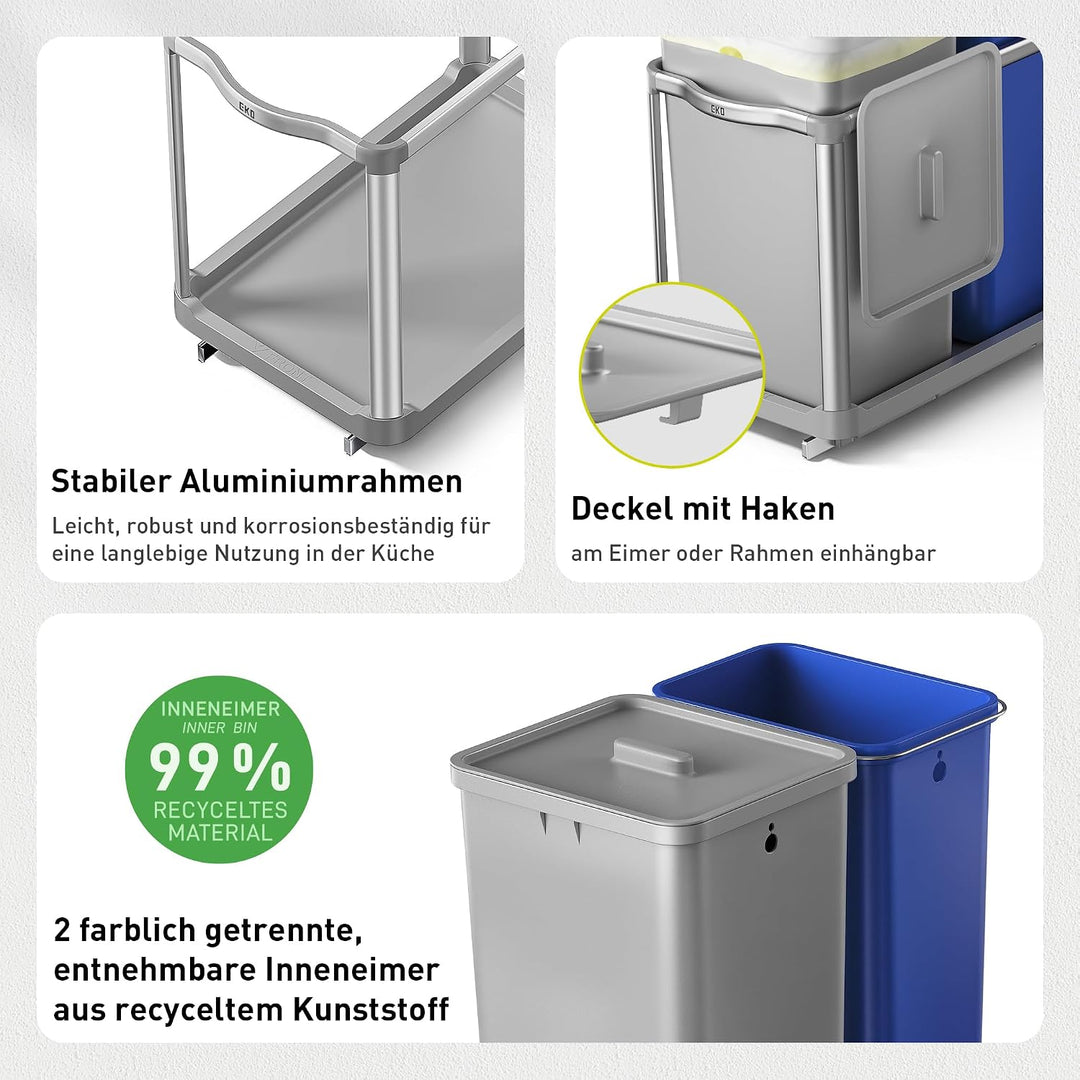 EKO DECO Mülleimer Küche Unterschrank, 34 L + 24 L, 2-fach Mülltrennsystem, ausziehbarer Mülleimer u