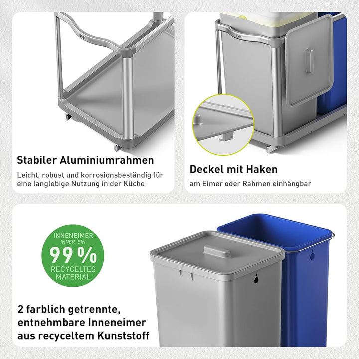 EKO DECO Mülleimer Küche Unterschrank, 34 L + 24 L, 2-fach Mülltrennsystem, ausziehbarer Mülleimer u