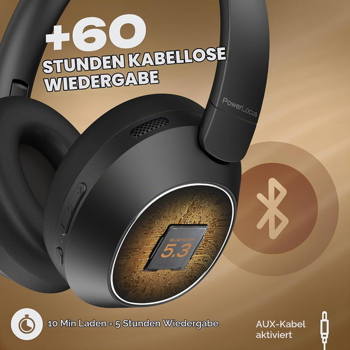 PowerLocus Hybrid Active Noise Cancelling Kopfhörer, 60 Std. Spielzeit Kopfhörer Kabellos, Transpare