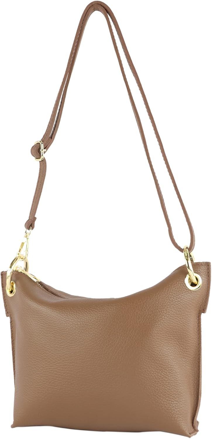 modamoda de - T243 - ital. Umhängetasche Klein Small aus Leder Blassbraun, Blassbraun