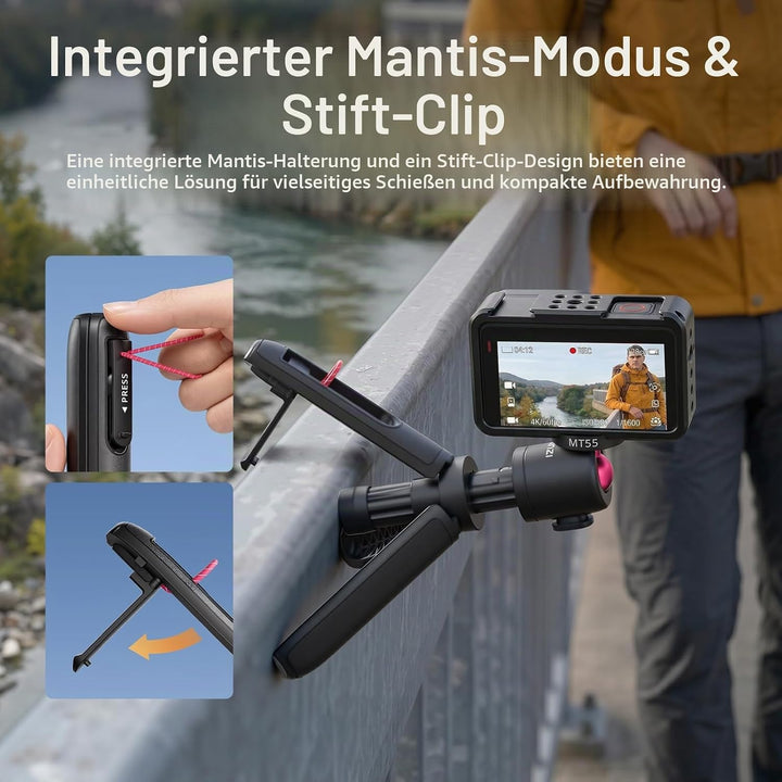 ULANZI MT55 SnapGo Mini Stativ &amp; Selfie Stick, 4-in-1: Mantis/Rucksackgurt/Selfie/Stativ, 360° Kugel