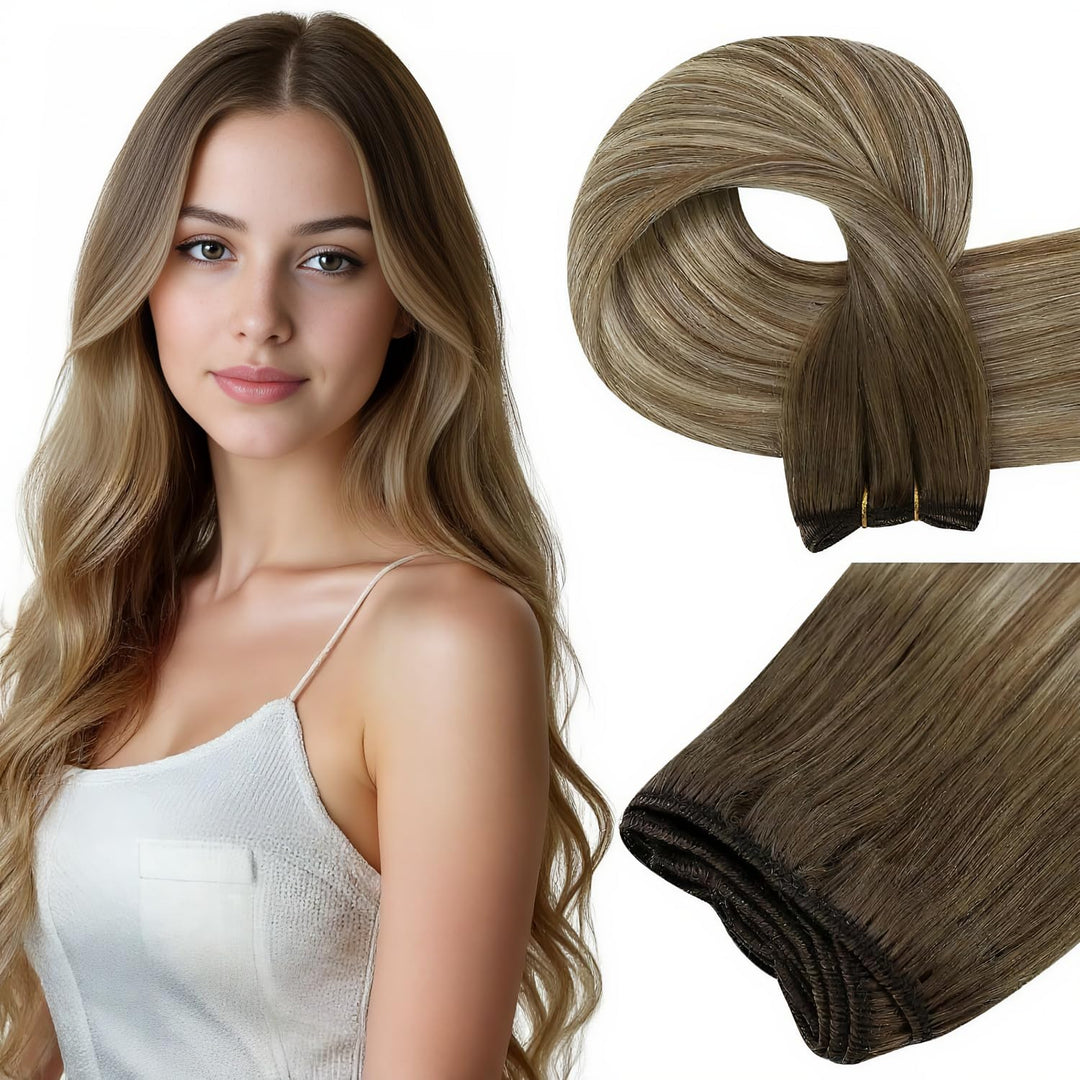 Easyouth Tressen Extensions Echthaar Remy Ombre Blond Tressen Echthaar Mittelbraun Mix Platin Blond