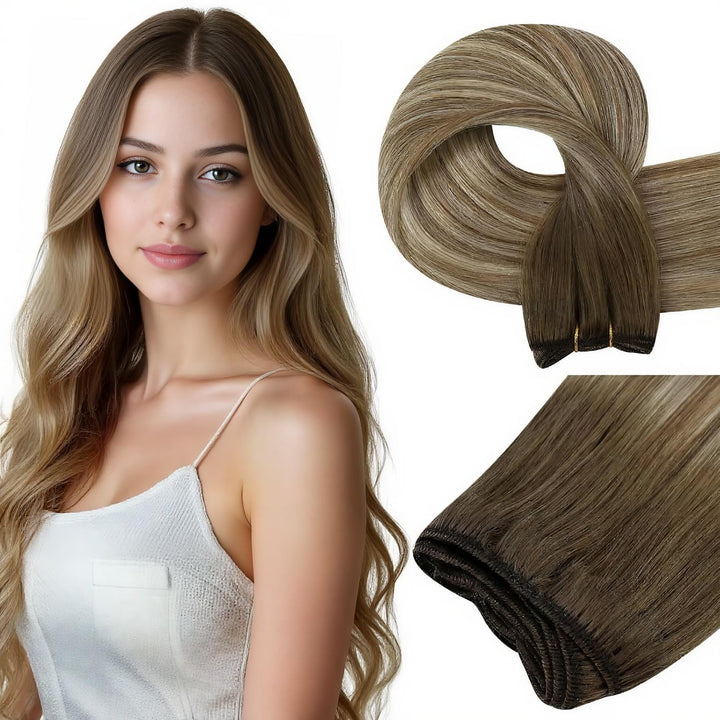 Easyouth Tressen Extensions Echthaar Remy Ombre Blond Tressen Echthaar Mittelbraun Mix Platin Blond