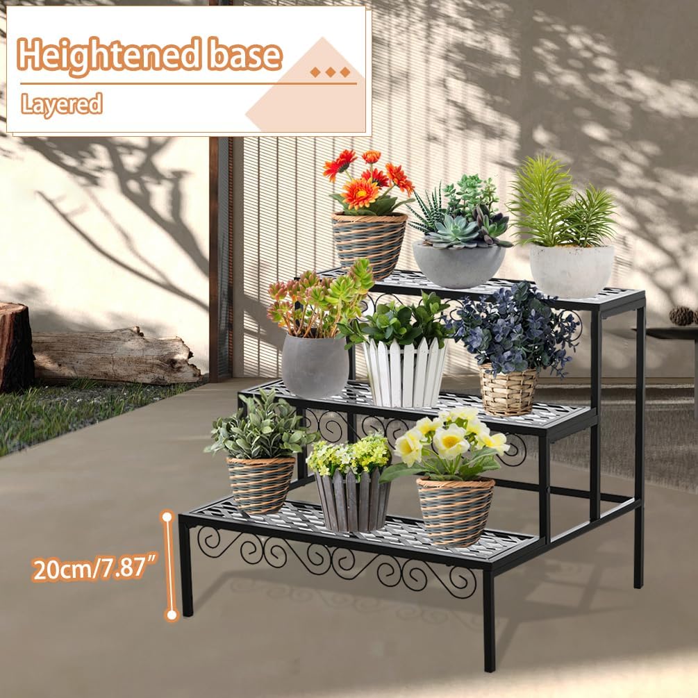 BAOYOUNI 3 Etagen Blumentreppe Blumenregal aus Metall Rechteckiges Pflanzenständer Pflanzenregal Blu
