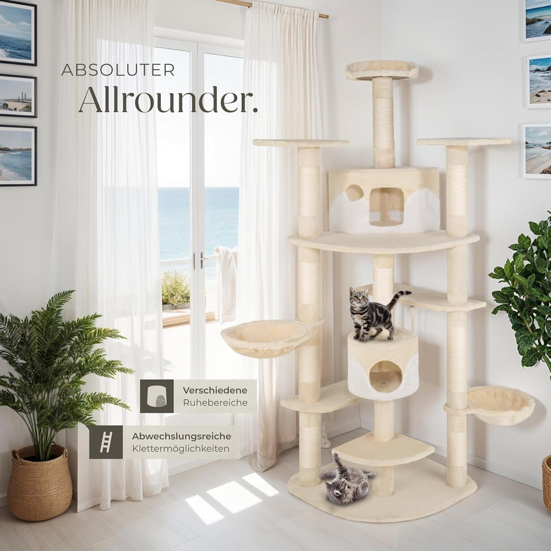 TecTake Katzen Kratzbaum mit XXL Liegemulde | 2 Katzenhäusern | deckenhoch - Diverse Farben - (beige