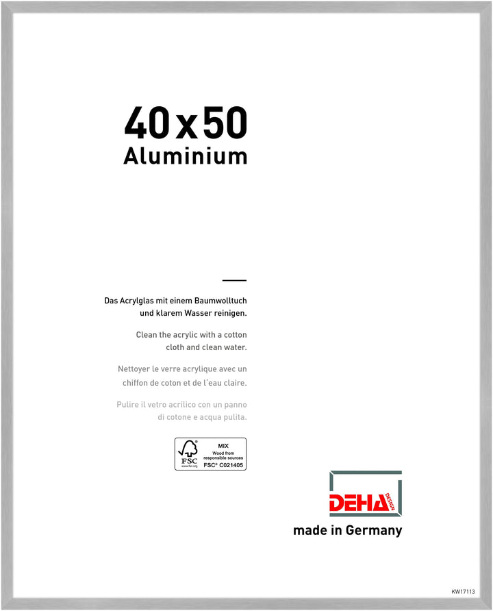 DEHA Design Bilderrahmen Tribeca, 40x50 cm, Aluminium Silber Matt, bruchsicheres Acrylglas, für Post