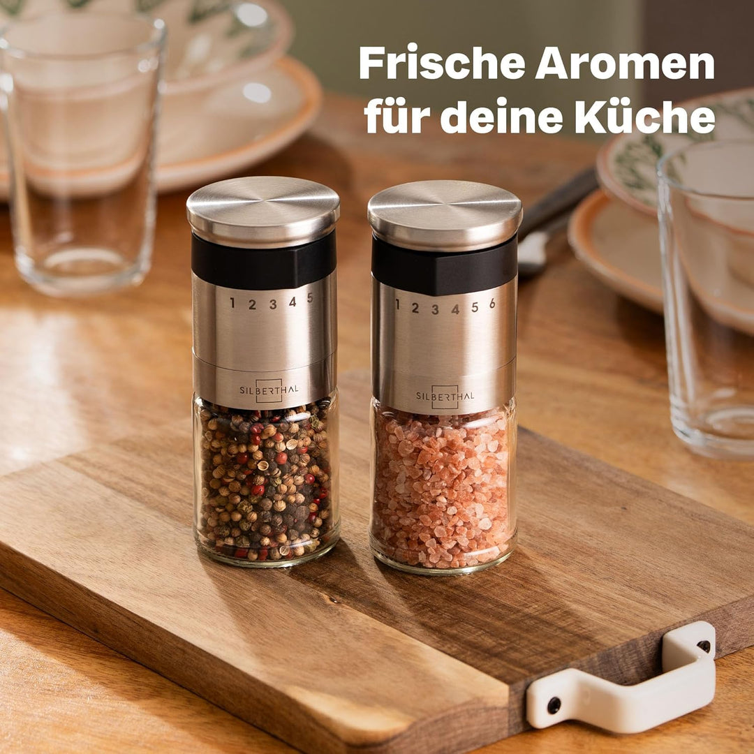 SILBERTHAL Pfeffer- & Salzmühle 2er Set – Mit aussenliegendem Einstellring - 6-Stufen-Mahlwerk, lang