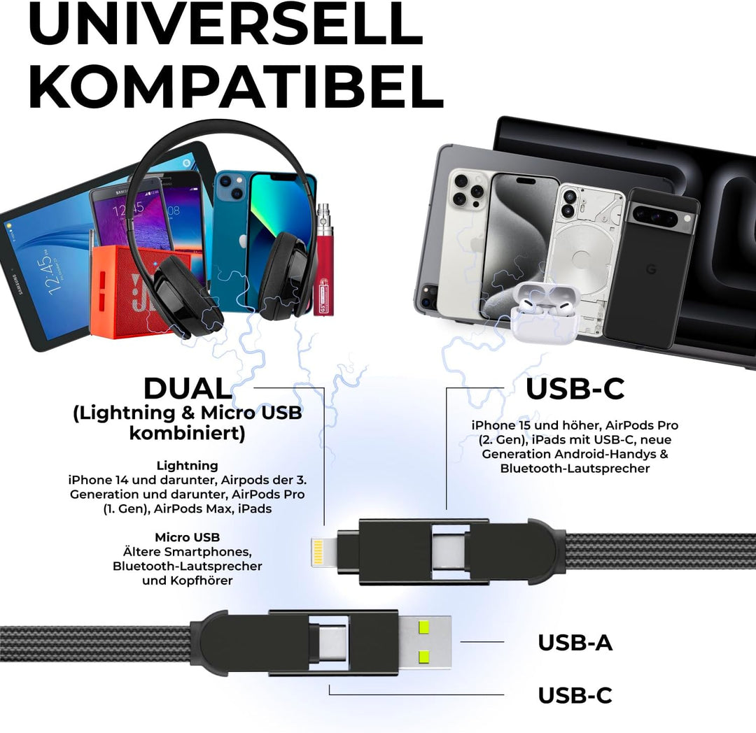 inCharge Rolling Square XL 300 cm - USB-C-Kabel, Universal-Smartphone-Kabel, Geschenk für Männer, 6-