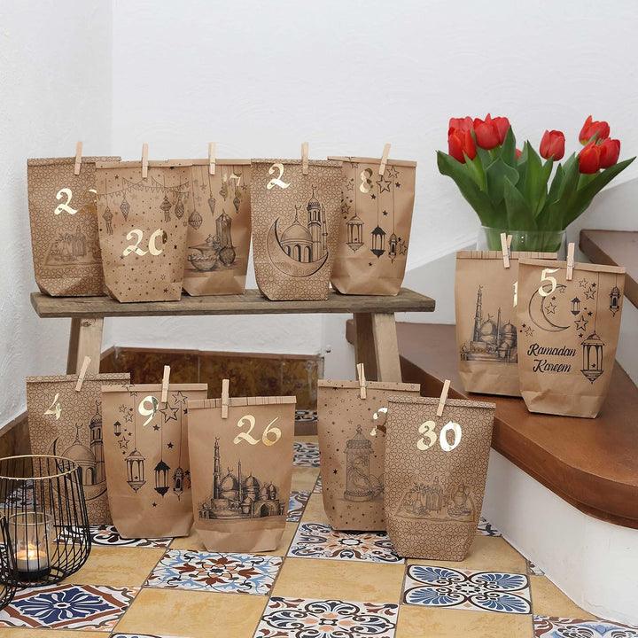 Papierdrachen DIY Ramadan Kalender zum Befüllen - Bedruckte Kraftpapiertüten - 30 Geschenktüten zum