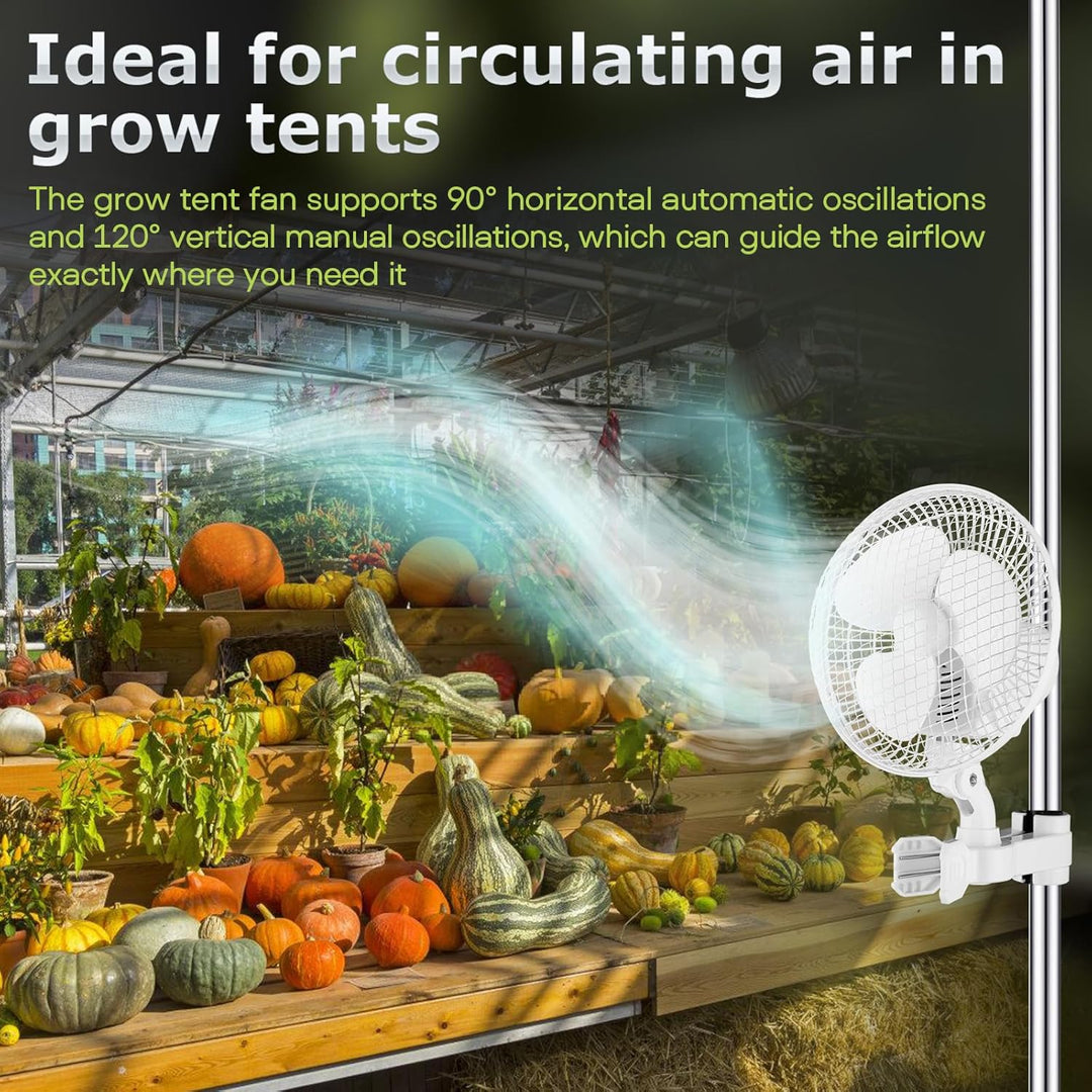 Grow Ventilator mit Clip, 25W Clip Ventilator Oszillierender mit 2 Geschwindigkeitsstufen, 2200 U/mi
