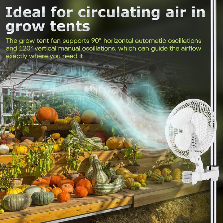 Grow Ventilator mit Clip, 25W Clip Ventilator Oszillierender mit 2 Geschwindigkeitsstufen, 2200 U/mi