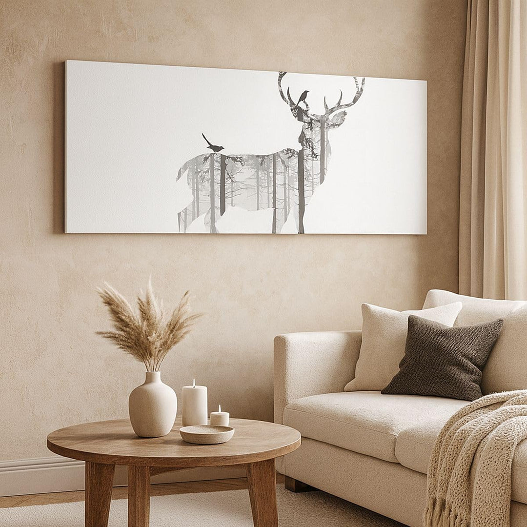 Panorama Bilder auf Leinwand 100x40cm Leinwandbild Hirsch Herbst Wald Illustration Gross Wanddeko Bi