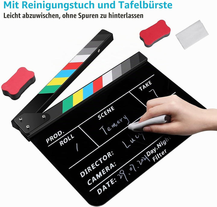 Temery Filmklappe, 30X25cm Regieklappe Synchronklappe Clapperboard mit 2 Pinsel, Leicht Abzuwischend