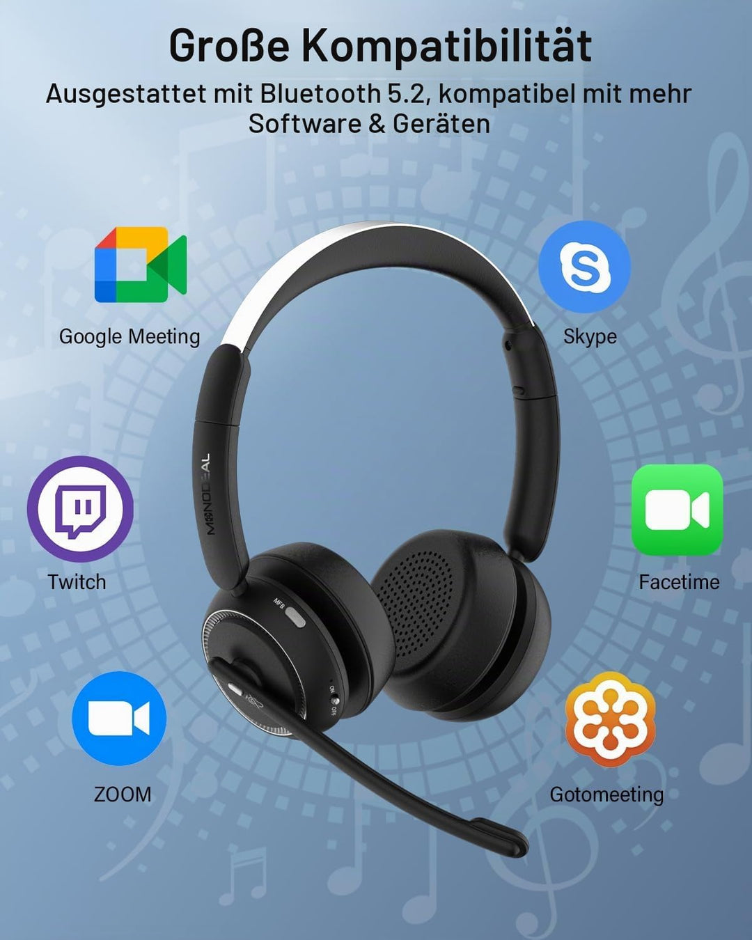 MONODEAL Bluetooth Headset mit Mikrofon, Wireless Headset mit AI-Geräuschunterdrückung Und Stummscha