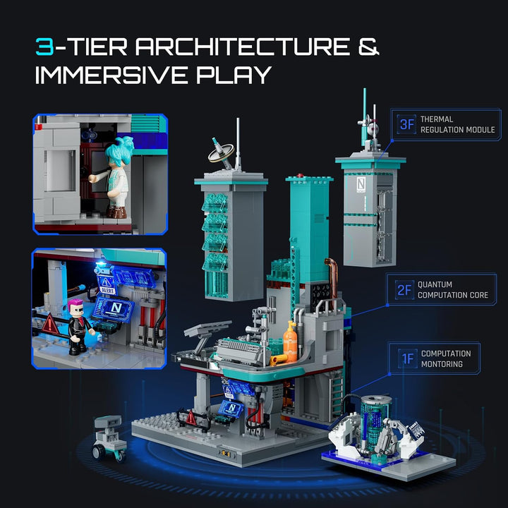 Lumibricks Neon Tech Station Beleuchtetes Klemmbaustein-Set, 1282 Teile Cyberpunk Hochhaus mit LED-L
