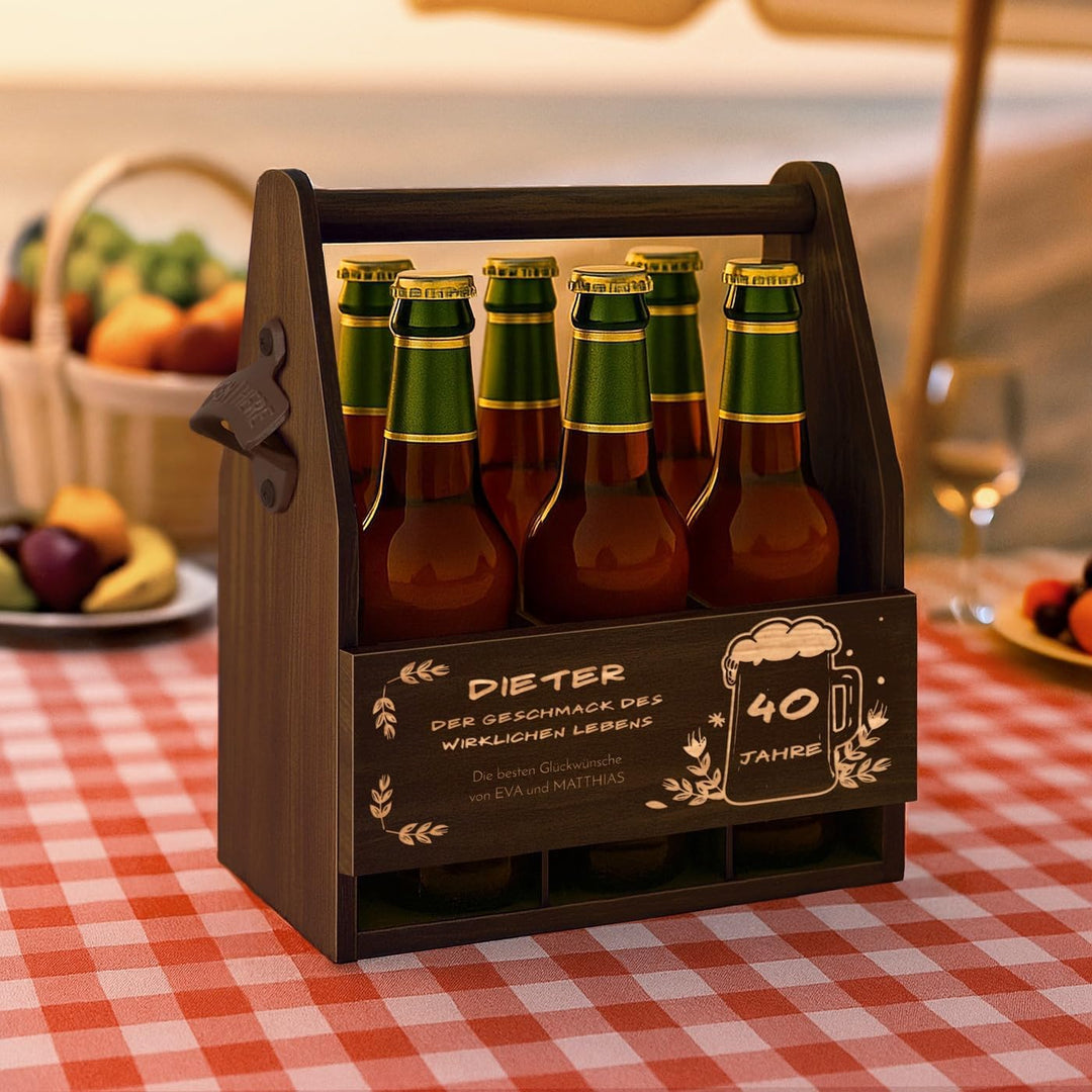 Maverton Bierträger für 6 Flaschen 0,5L + Gravur - Männerhandtasche mit Flaschenöffner - Grösse: 25x