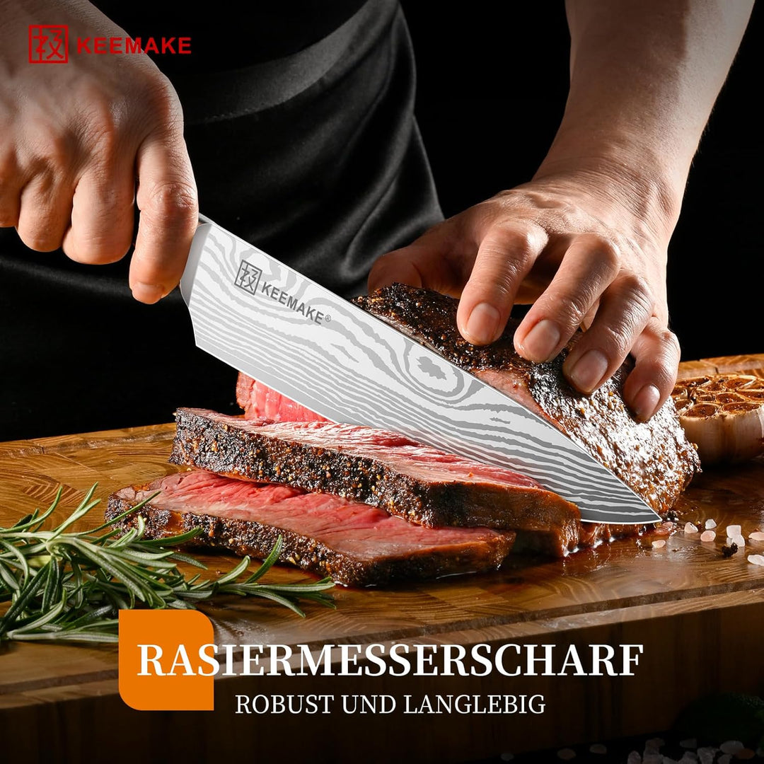 KEEMAKE Küchenmesser Kochmesser 20cm, Profi Messer Küche aus Edelstahl mit Klingenschutz, Scharf Fle