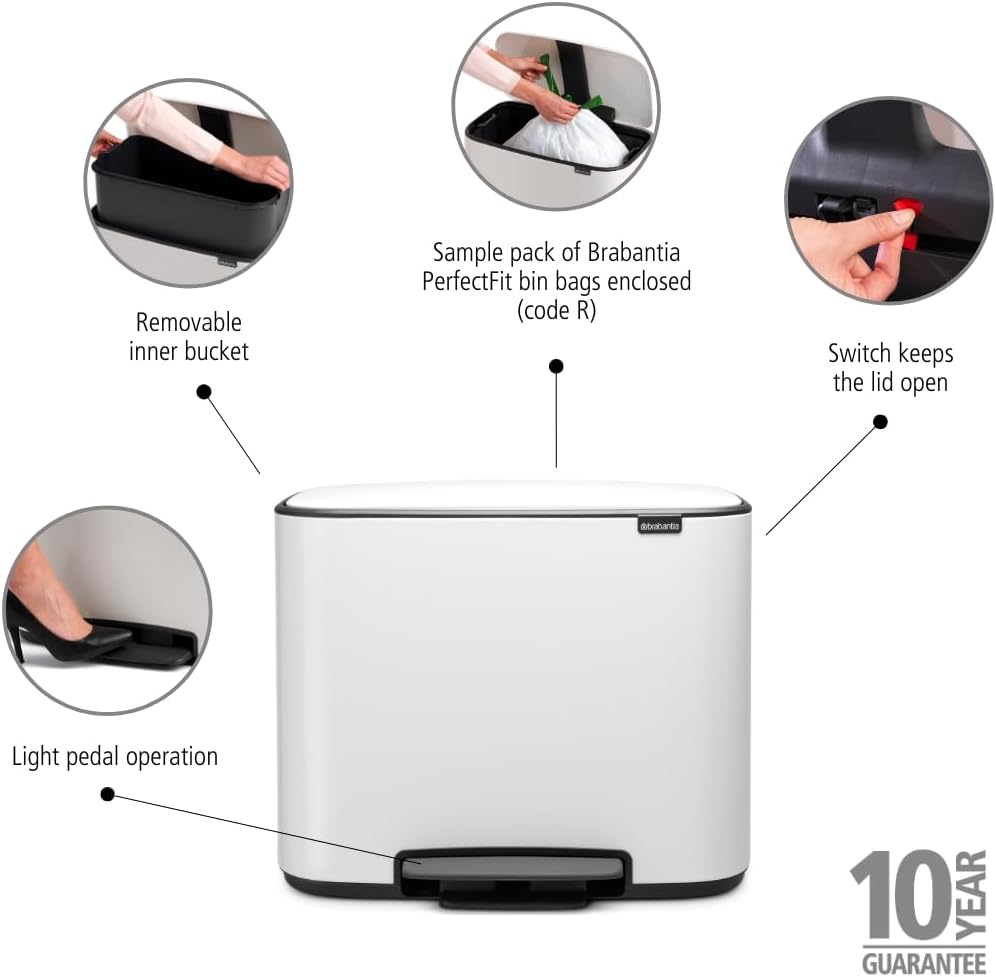 Brabantia Bo Treteimer 36 L Abfalleimer, Metall, Weiss, 54 x 36.5 x 44 cm, 1 Einheiten 1 Inneneimer