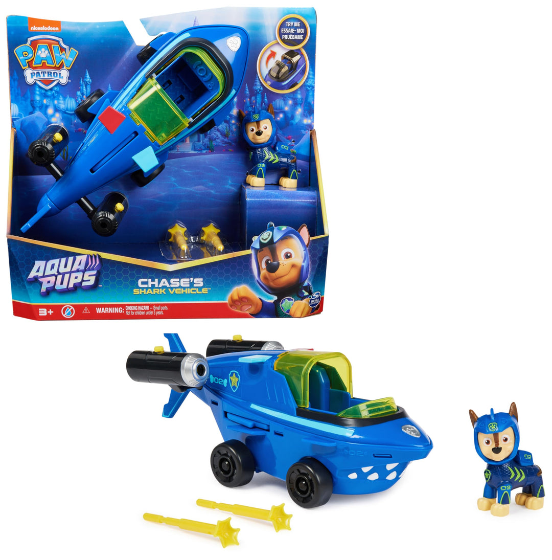 PAW PATROL, Aqua Pups - Basis Fahrzeug Spielzeugauto im Hai-Design mit Chase Welpenfigur, Spielzeug