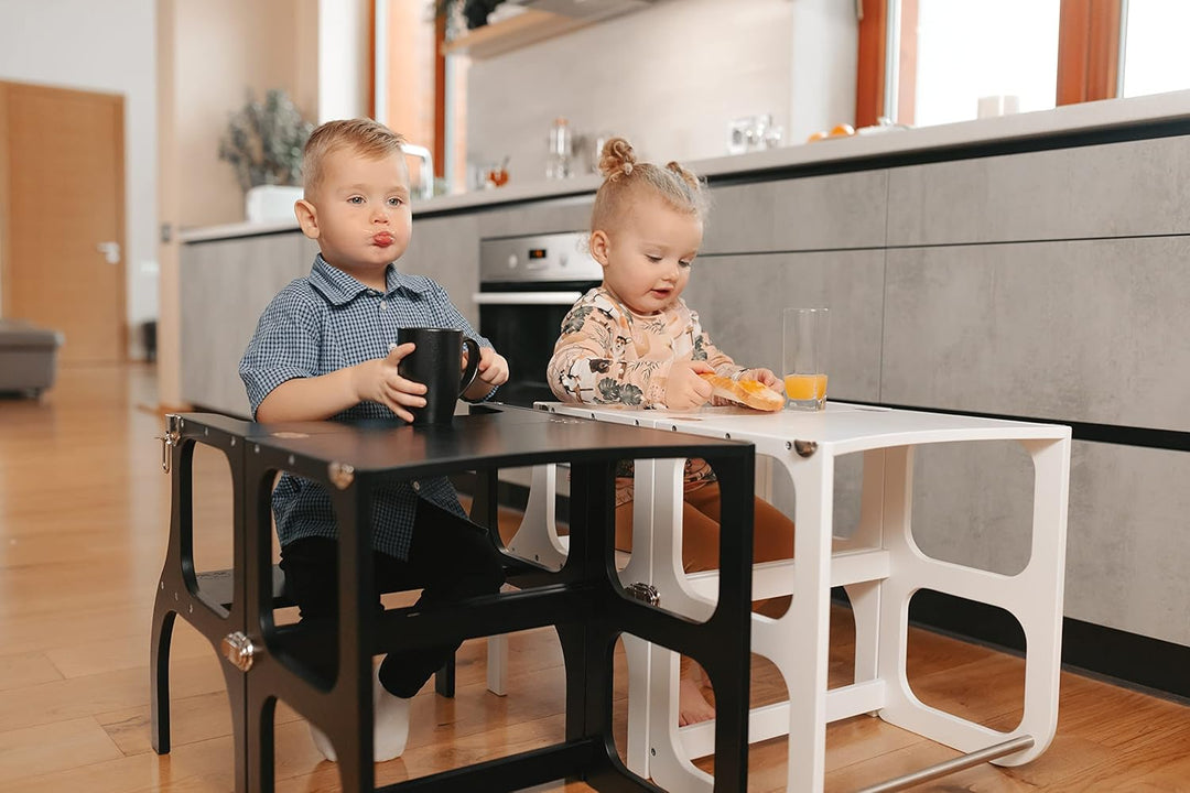 Klappbarer Lernturm mit Sitzfunktion, 45 cm Stehhöhe, Step’n’Sit, Lernturm mit Sitz und Tisch umklap