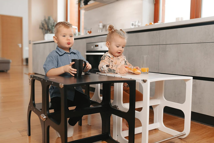 Klappbarer Lernturm mit Sitzfunktion, 45 cm Stehhöhe, Step’n’Sit, Lernturm mit Sitz und Tisch umklap
