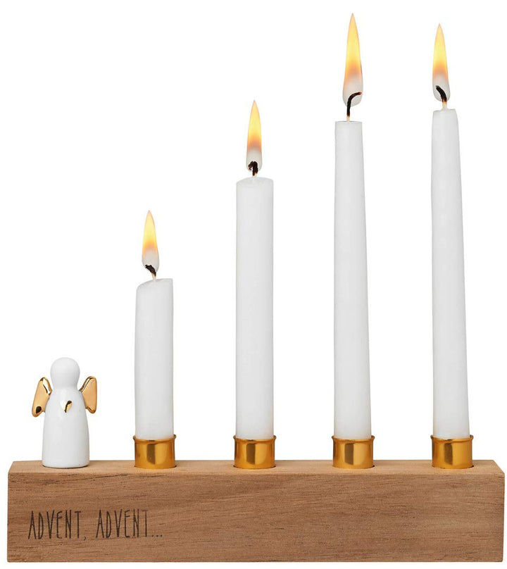 Räder Adventsengel aus Porzellan unglasiert und Akazienholz in der Farbe Gold, Masse: 17 x 7 x 3 cm,