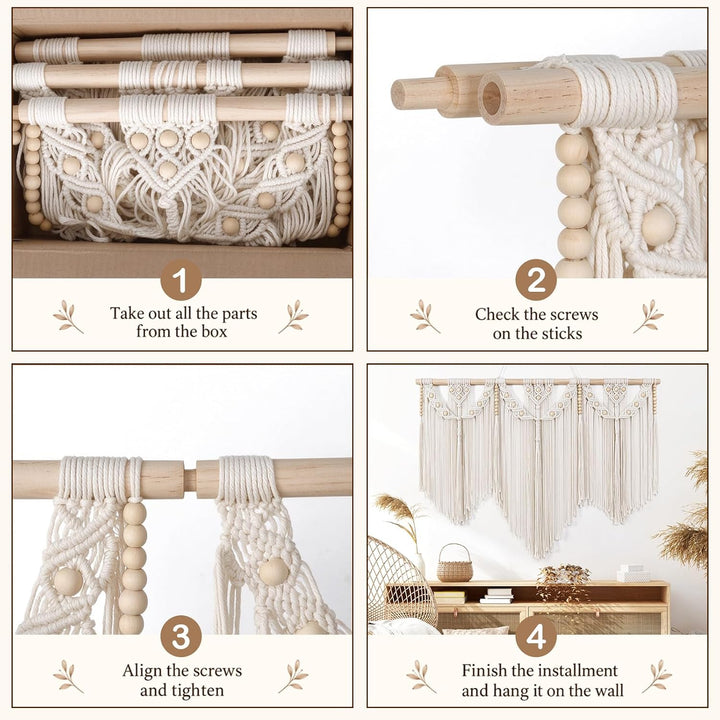 Dremisland Makramee Wandbehang Boho Holzperlen Wandteppich Beige Wanddeko, Beige