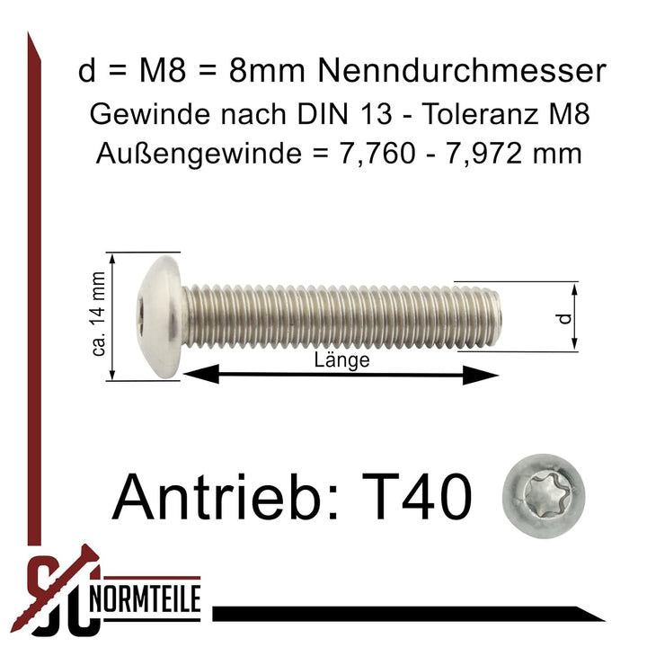 Linsenkopfschrauben mit Innensechsrund (ISR) - M8x80 - (100 Stück) - Vollgewinde - ISO 7380-1 TX - r