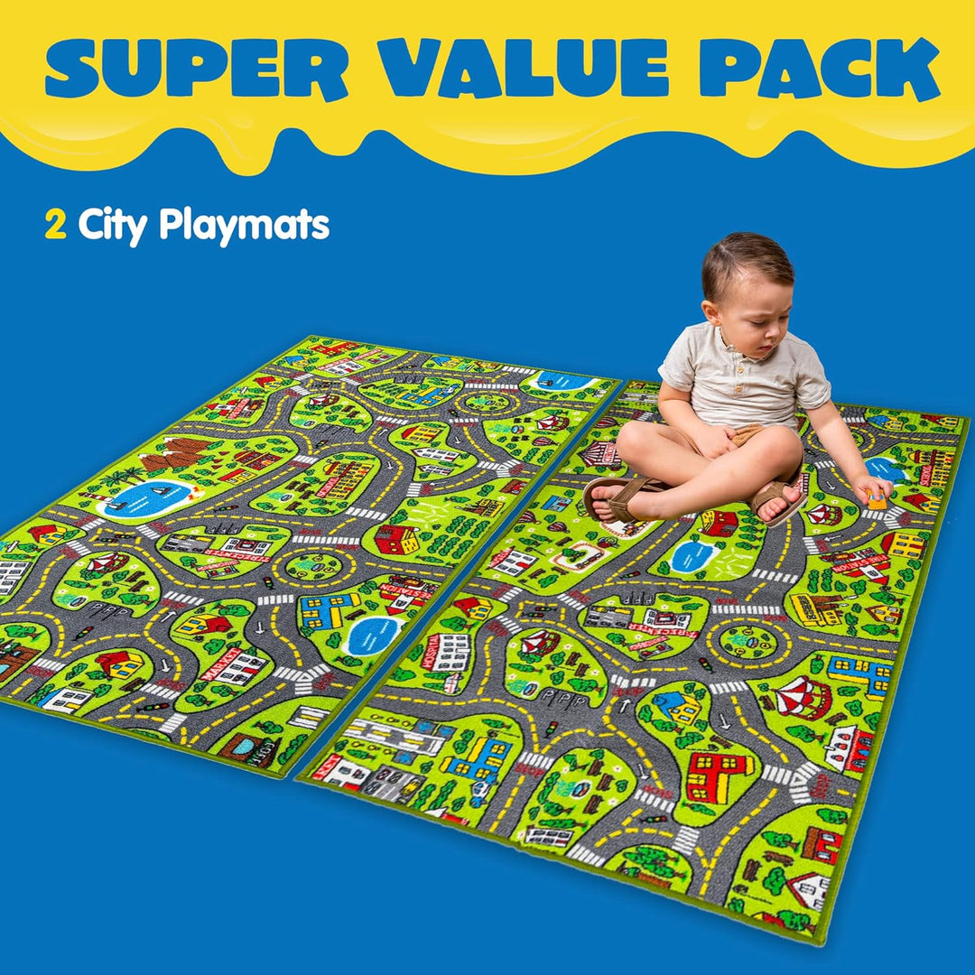 2 Teppich Kinderzimmer 80x150cm (Gesamt 160x150cm) für Kinder ab 3 Jahren, Spielteppich Strasse Kind