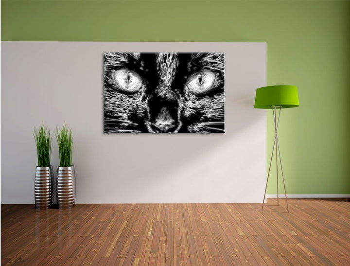 Pixxprint Katze mit orangenen Augen, 100x70cm Leinwandbild bespannt auf Holzrahmen/Wandbild Kunstdru