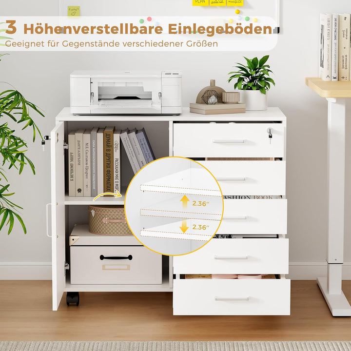 BEWISHOME Rollcontainer Schreibtisch mit 5 Schubladen, Aktenschrank Abschliessbar mit 5 Rollen, 1 Sc